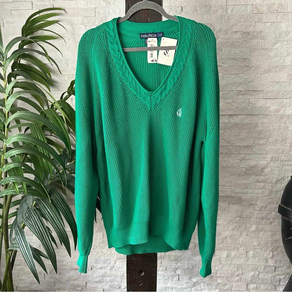 Nautica Vintage Knit Cotton “Rainforest” V Neck Sweater Size L New with Tags